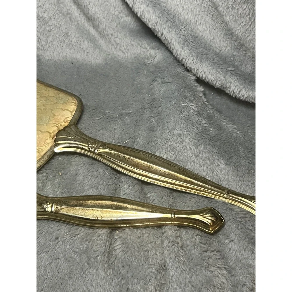 Vintage Gold Vanity Mirror Hair Brush Set Floral Brocade‎ Design Dressing Set